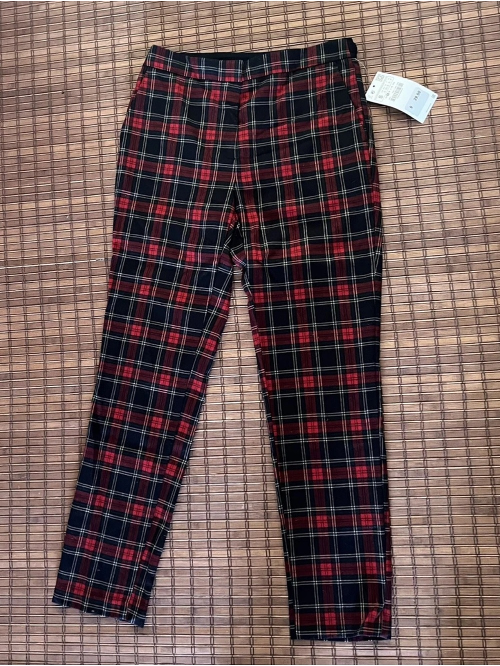 NWT Zara Black Red White Plaid Mid Rise Slim Pants - Broken Zipper